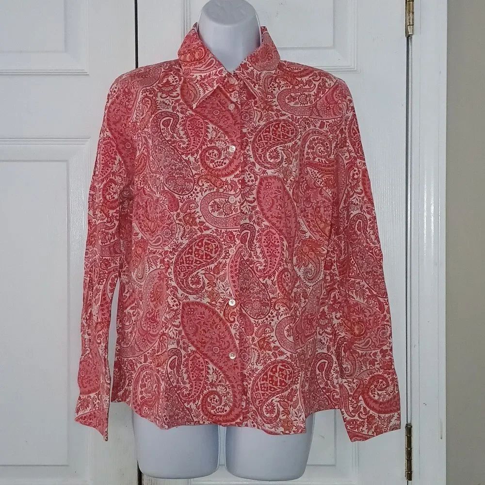 Lands' End pink and white paisley long sleeve button down shirt Sz 14 EUC